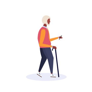 african american old man walking stick using smartphone elderly grandfather walk isolated cartoon character full length flat vector illustration