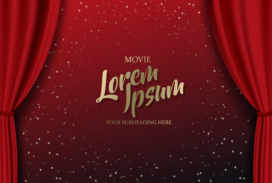 Teather stage with red heavy curtain with golden text and stars.