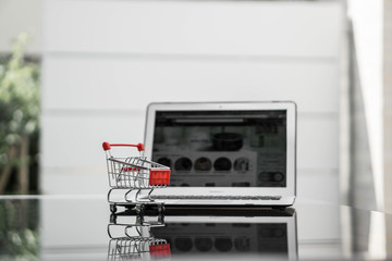Red Shopping Cart in front of Laptop