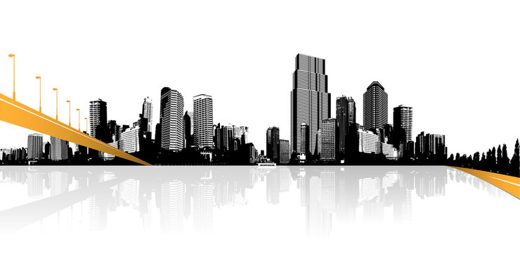 Black and white cityscape with water reflection and orange bridge.