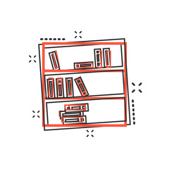 Vector cartoon bookcase furniture icon in comic style. Furniture sign illustration pictogram. Bookshelf business splash effect concept. © Lysenko.A