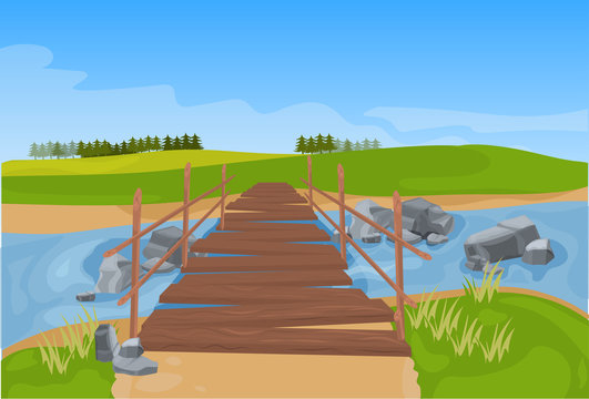 wooden bridge across river mountain landscape background flat vector illustration