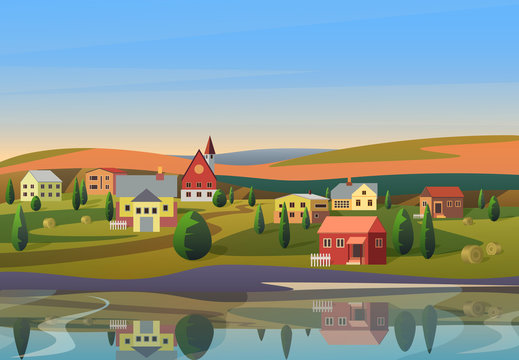 Vector Small town landscape with houses on shore of river with hills under blue morning sunsrise sky on background.