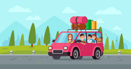Cartoon family travel in car. Happy father, mother and childrens drive on holiday trip with luggage. Traveling vector illustration
