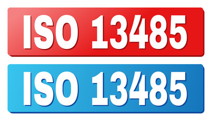 ISO 13485 text on rounded rectangle buttons. Designed with white caption with shadow and blue and red button colors.