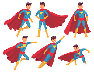 Cartoon superhero character. Muscular male standing in super cool pose in superheroes costume with waving cloak. Hero vector collection