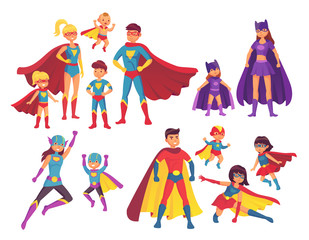 Superhero family characters. Superheroes character in costumes with hero cape. Wonder mom, super dad and children heroes vector set - obrazy, fototapety, plakaty