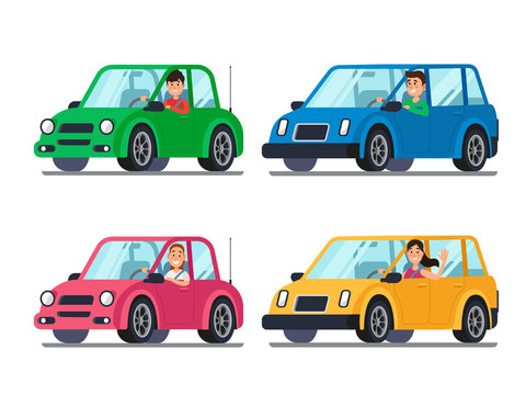Driver in car. Men and women drivers in cars looking out of window. Cartoon people travel in vehicle vector illustration