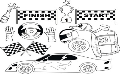 Set of rally car racing in black and white vector