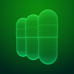 Medical capsule pill wireframe low poly mesh object. Vector illustration