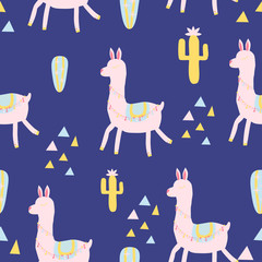 Seamless pattern wirh cute lama and cacti. Vector illustration. Creative childish background.