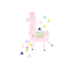 Cute handdrawn  pink  lama illustration. Vector illustration.