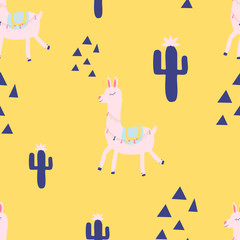 Seamless pattern wirh cute lama and cacti. Vector illustration. Creative childish background.