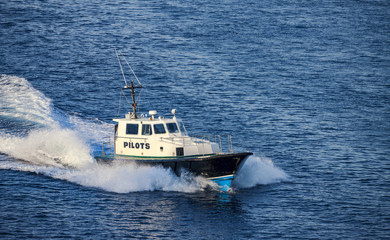 5575787 Pilot boat in the water area of the port of Nassau, Bahamas.