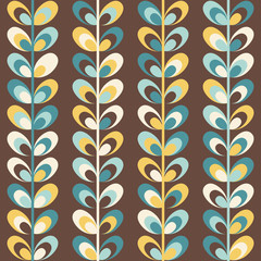 Midcentury geometric retro background. Vintage brown, mustard yellow and teal colors. Seamless floral mod pattern, vector illustration. Abstract retro midcentury 60s 70s background. Retro wallpaper.