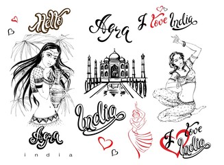 India. Set of elements for design. Agra. Taj Mahal sketch. Indian girls in national costume. Dancer. Stylish lettering. Travel. Finished inscriptions. Vector.