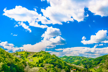 Sky over Croatia. / Scenic view at blue sky over Zagorje region hills, nature in Croatia, backgrounds. 