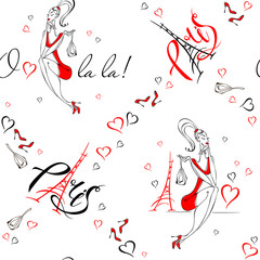 Seamless pattern. Girl in Paris. Romantic print. Girl model on the background of the Eiffel tower. O La La. Lettering. Hearts. Vector.
