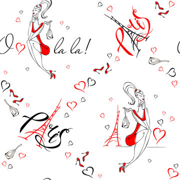 Seamless pattern. Girl in Paris. Romantic print. Girl model on the background of the Eiffel tower. O La La. Lettering. Hearts. Vector.