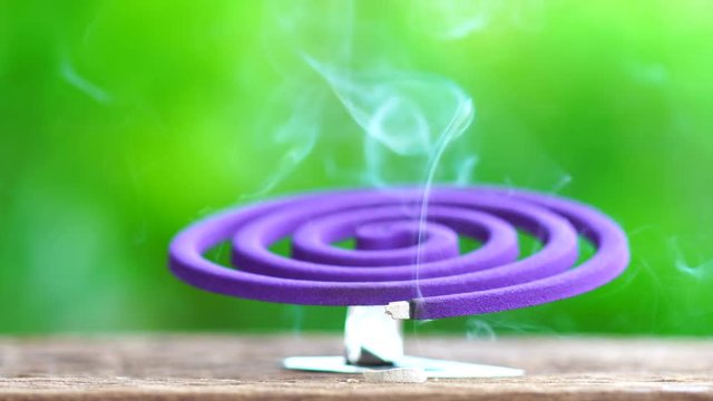 4K resolution : Violet mosquito repellent and white smoke on wooden table with green blur light space background