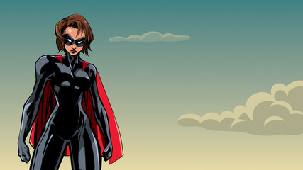 Illustration of powerful superheroine posing on sky background. © Malchev