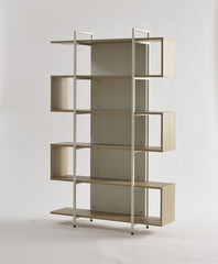 Empty white wood and steel bookshelf isolated on white. minimalism design furniture