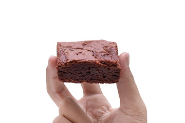hand holding cake chocolate brownies isolated on white background - clipping paths