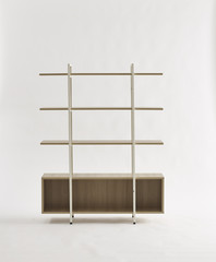 Empty white wood and steel bookshelf isolated on white. minimalism design furniture