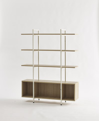 Empty white wood and steel bookshelf isolated on white. minimalism design furniture