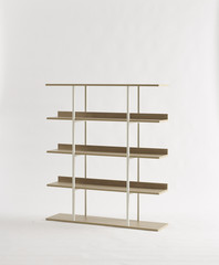 Empty black wood and steel bookshelf isolated on white. minimalism design furniture