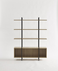 Empty black wood and steel bookshelf isolated on white. minimalism design furniture