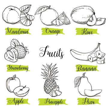 Hand drawn sketch style fruits and berries. Mandarin, orange, kiwi, strawberry, banana, apple, pineapple and pear. Organic fruit with leaf, vector doodle illustrations collection isolated.