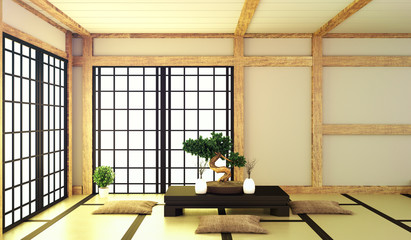 Living room with bonsai on table low ,wood floor and tatami mat. 3D rendering