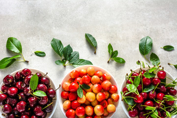 Fresh cherries in a bowl, top view on white background, summer fruit, healthy food concept.
