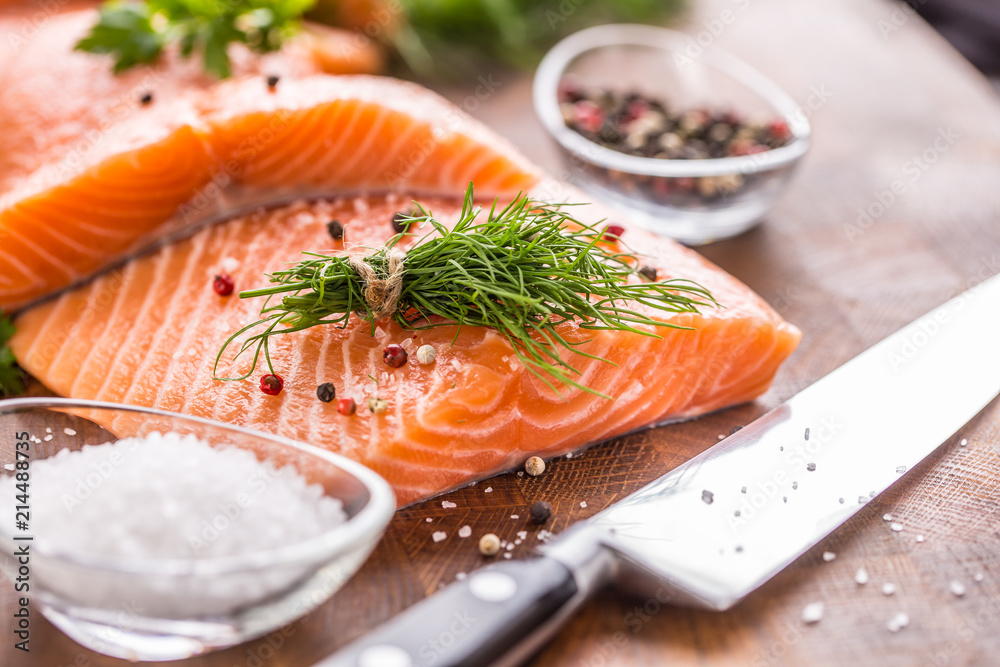 Wall mural raw salmon fillet with dill lemon olive oil salt and pepper