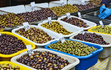 Mixed and A lot of Pitted Olives in the Central Market of Athens. 