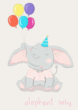 Hand drawn style, Cute little elephant cartoon hold colorful balloon.