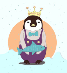 Cute queen penguin cartoon with fish. Hand drawn style
