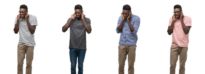 Collage of african american man wearing different outfits covering ears with fingers with annoyed expression for the noise of loud music. Deaf concept.