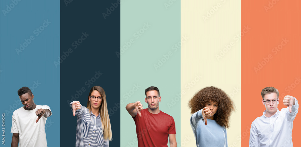 Poster Group of people over vintage colors background looking unhappy and angry showing rejection and negative with thumbs down gesture. Bad expression.