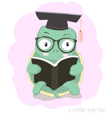 Fototapeta premium Cute cartoon clever little turtle reading book. Hand drawn style