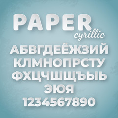 Cyrillic paper alphabet. White letters and numbers on blue background. Creative funny font for design template