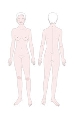 Templates of woman's figure.  Front and back views. Medical template. Vector illustration.