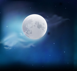 Moon in the sky with clouds. Night landscape. Vector