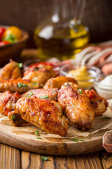Grilled chicken wings with ketchup and mustard sauces on wooden board. Traditional baked bbq buffalo