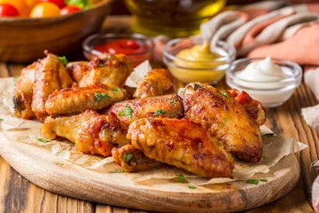 Fototapeten Grilled chicken wings with ketchup and mustard sauces on wooden board. Traditional baked bbq buffalo © maria_lapina