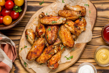 Grilled chicken wings with ketchup and mustard sauces on wooden board. Traditional baked bbq buffalo