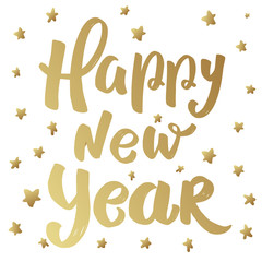 Happy new year. lettering phrase with stars. Design element for poster, card, decoration.