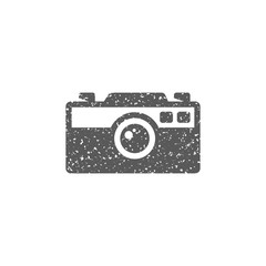 Range finder camera icon in grunge texture. Vintage style vector illustration.