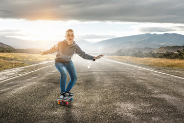 Teenager girl ride her skateboard. Mixed media